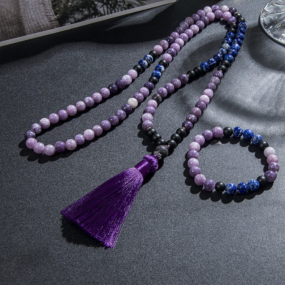 8mm Natural Lapis Lazuli Purple Mica Lepidolite Necklace 108 Mala Beads Necklace Meditation Prayer Rosary Japamala Jewelry Set