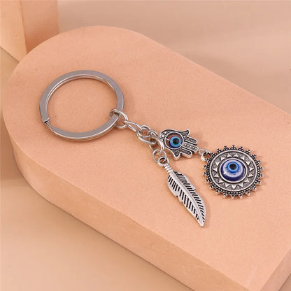 1Pc Bohemia Evil Eye Hamsa Hand Keychain for Women Men Blue Eye Sun Feather Key Ring Bag Pendant Car Key Holder Rings Wholesale