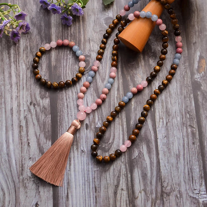 8mm Yellow Tiger Eye Rose Quartz Aquamarine Beads 108 Mala Necklace Meditation Prayer Jewelry Japamala Set Rosary for Women