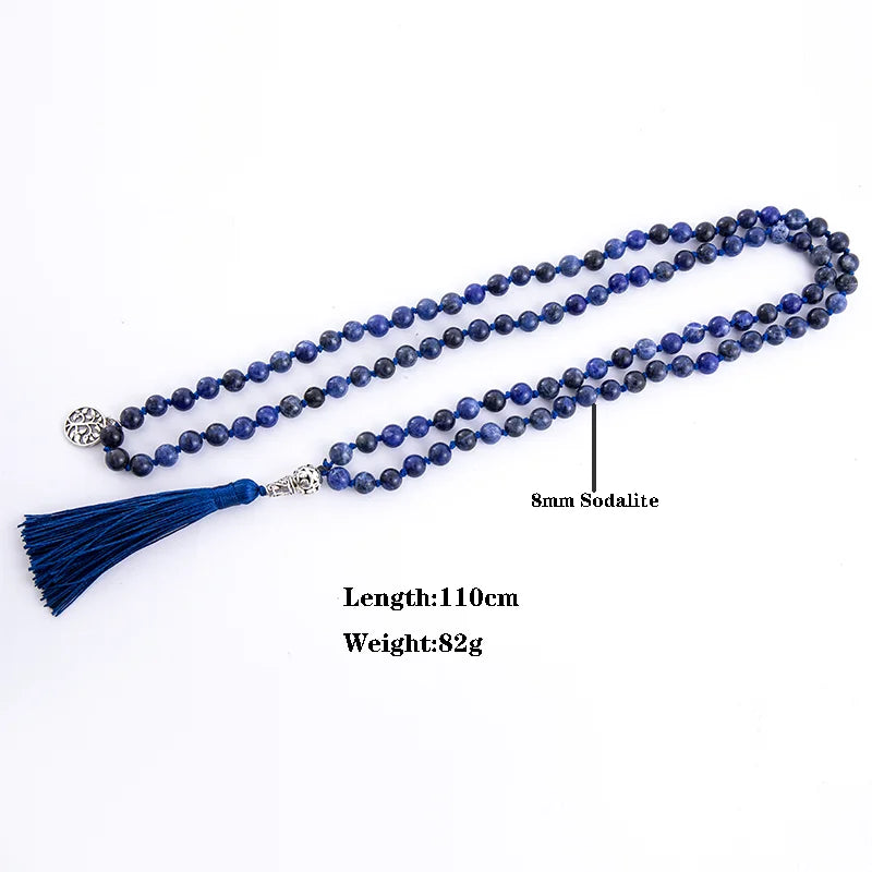 108 Mala Natural Sodalite Lapis Lazuli Handmade Beaded Knot Meditation Yoga  Anniversary Big Buddha Head Tassel Long Necklace