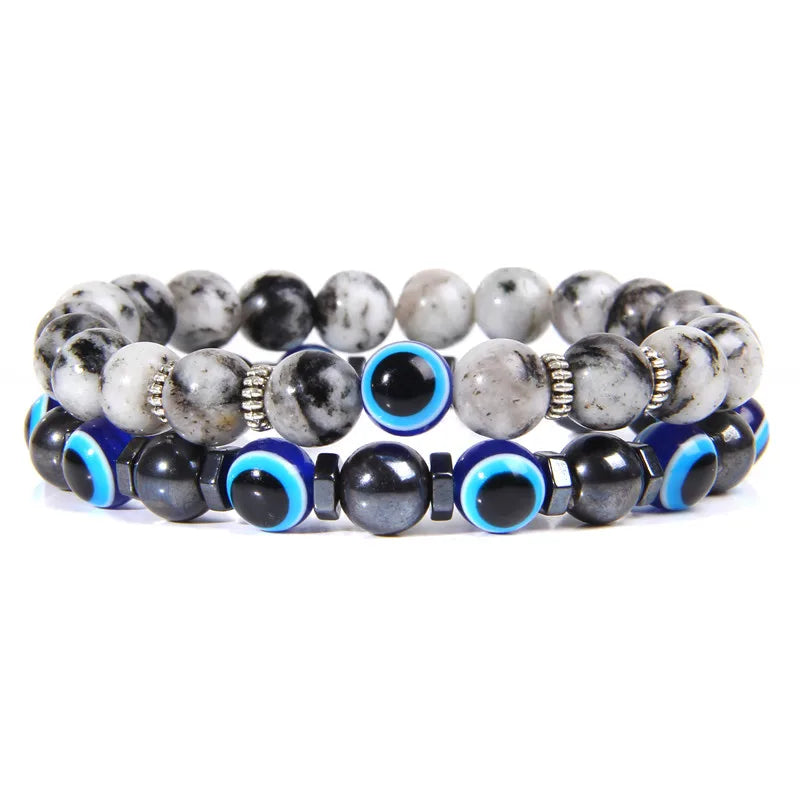 Lucky Evil Eye Beads Bracelet Natural Stone Lava Hematite Bracelet Set Multilayer Bracelets Women Men Handmade Elastic Jewelry