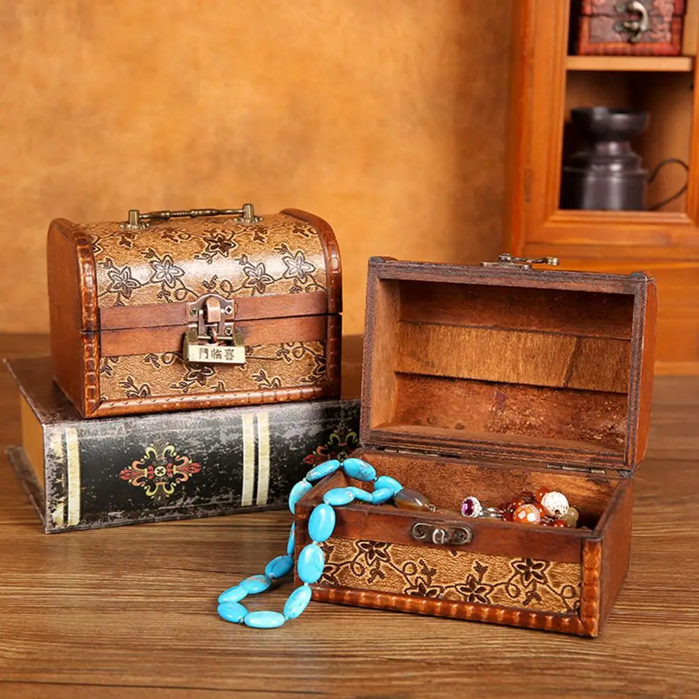 Jewelry Organizer Box Retro Imitation Copper Latch Printed Wooden Mini Treasure Chest Storage Box Photography Prop Earrings Box