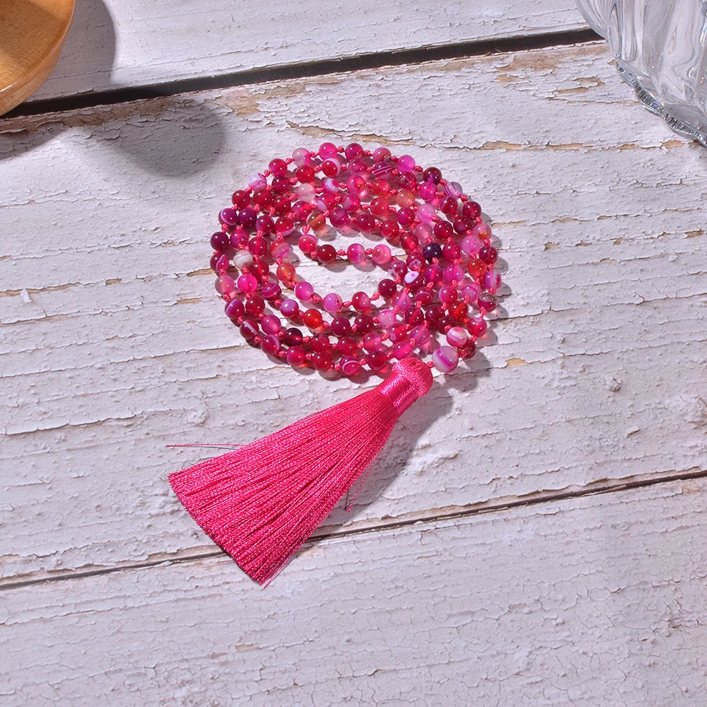 6mm Rose Red Striped Agate Beads Knotted 108 Mala Necklace Meditation Yoga Prayer Jewelry Women's Tassel Rosary