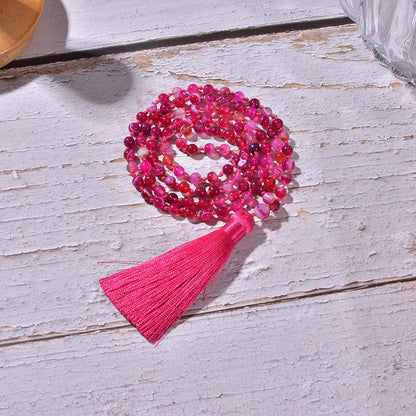 6mm Rose Red Striped Agate Beads Knotted 108 Mala Necklace Meditation Yoga Prayer Jewelry Women's Tassel Rosary