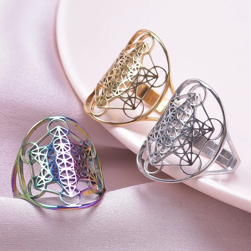 1/3Pcs Stainless Steel Witch Knot Evil Eye Fatima Hand Star Amulet Open Rings Angel Wing Sacred Flower Metatron Anillos Jewelry