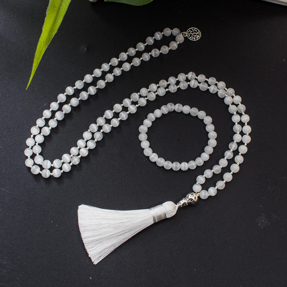 8mm Chatoyant Cat's Eye Stone Cyclophane Beads Knotted 108 Mala Necklace Meditation Yoga Prayer Jewelry for Women