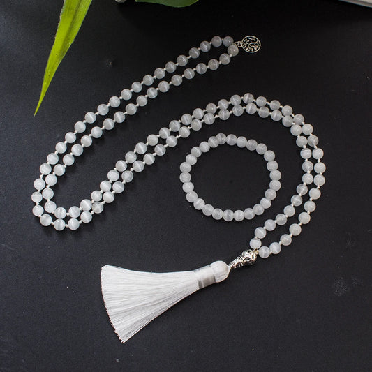 8mm Chatoyant Cat's Eye Stone Cyclophane Beads Knotted 108 Mala Necklace Meditation Yoga Prayer Jewelry for Women