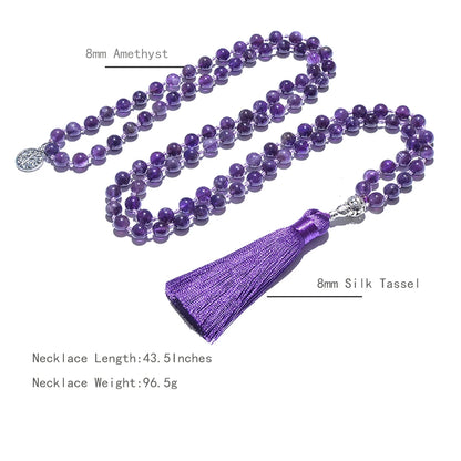 8mm Natural Amethyst Beads Knotted 108 Japa Mala Rosary Necklace Meditation Prayer Yoga Jewelry for Men and Women