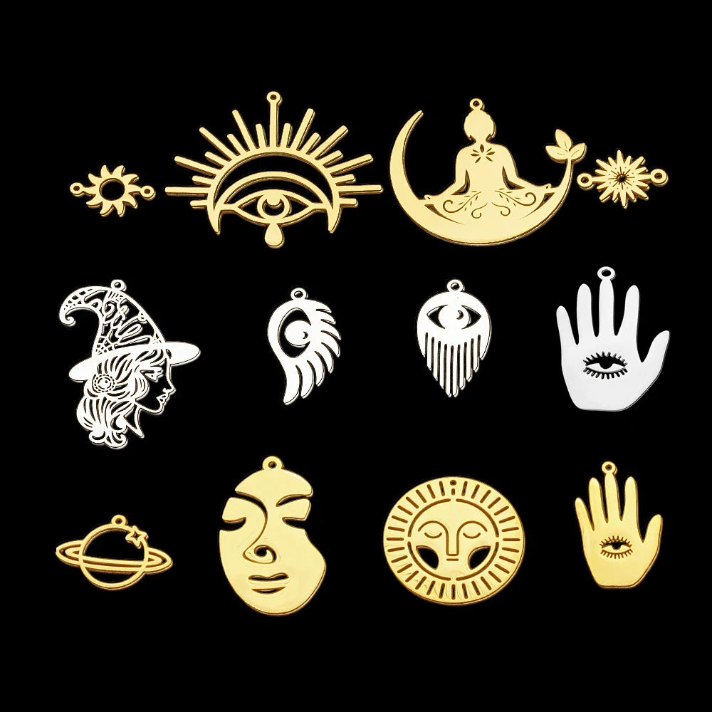 5pcs/Lot 316 Stainless Steel Eye of Evil Angel Sun Charm Pendant for Necklaces Wholesale Witch face Charms for DIY Jewelry Make