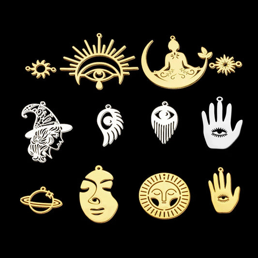 5pcs/Lot 316 Stainless Steel Eye of Evil Angel Sun Charm Pendant for Necklaces Wholesale Witch face Charms for DIY Jewelry Make