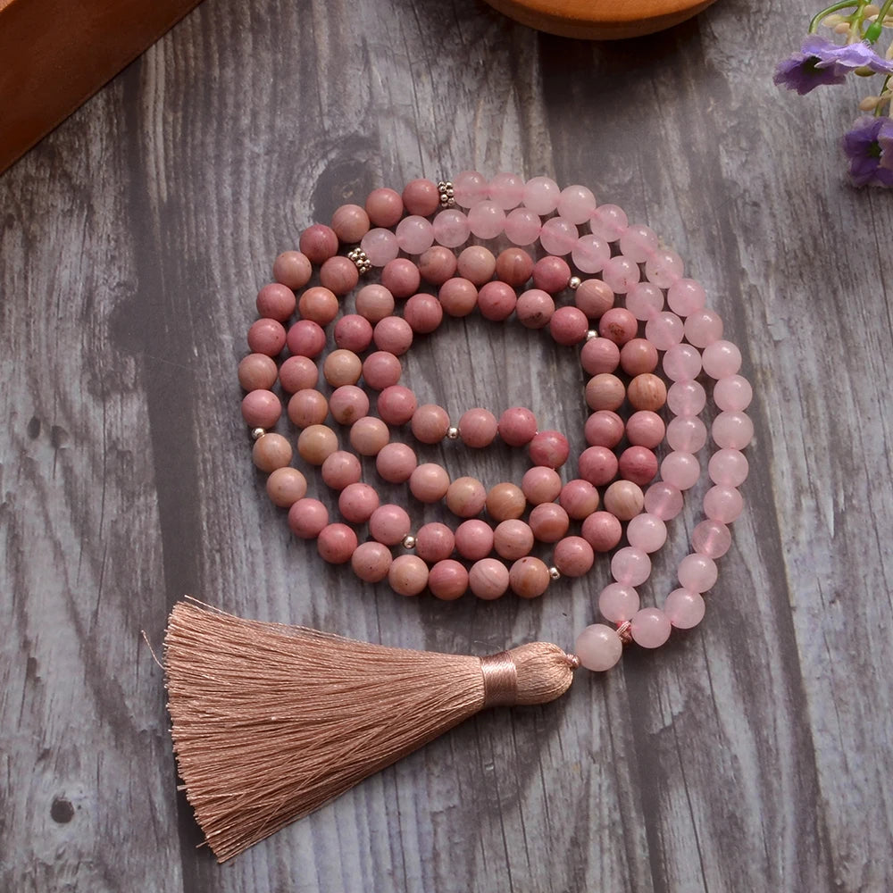 8mm Rhodochrosite Rose Quartz Beads 108 Mala Necklace Meditation Prayer Jewelry Japamala Rosary with Bracelet for Women
