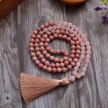 8mm Rhodochrosite Rose Quartz Beads 108 Mala Necklace Meditation Prayer Jewelry Japamala Rosary with Bracelet for Women