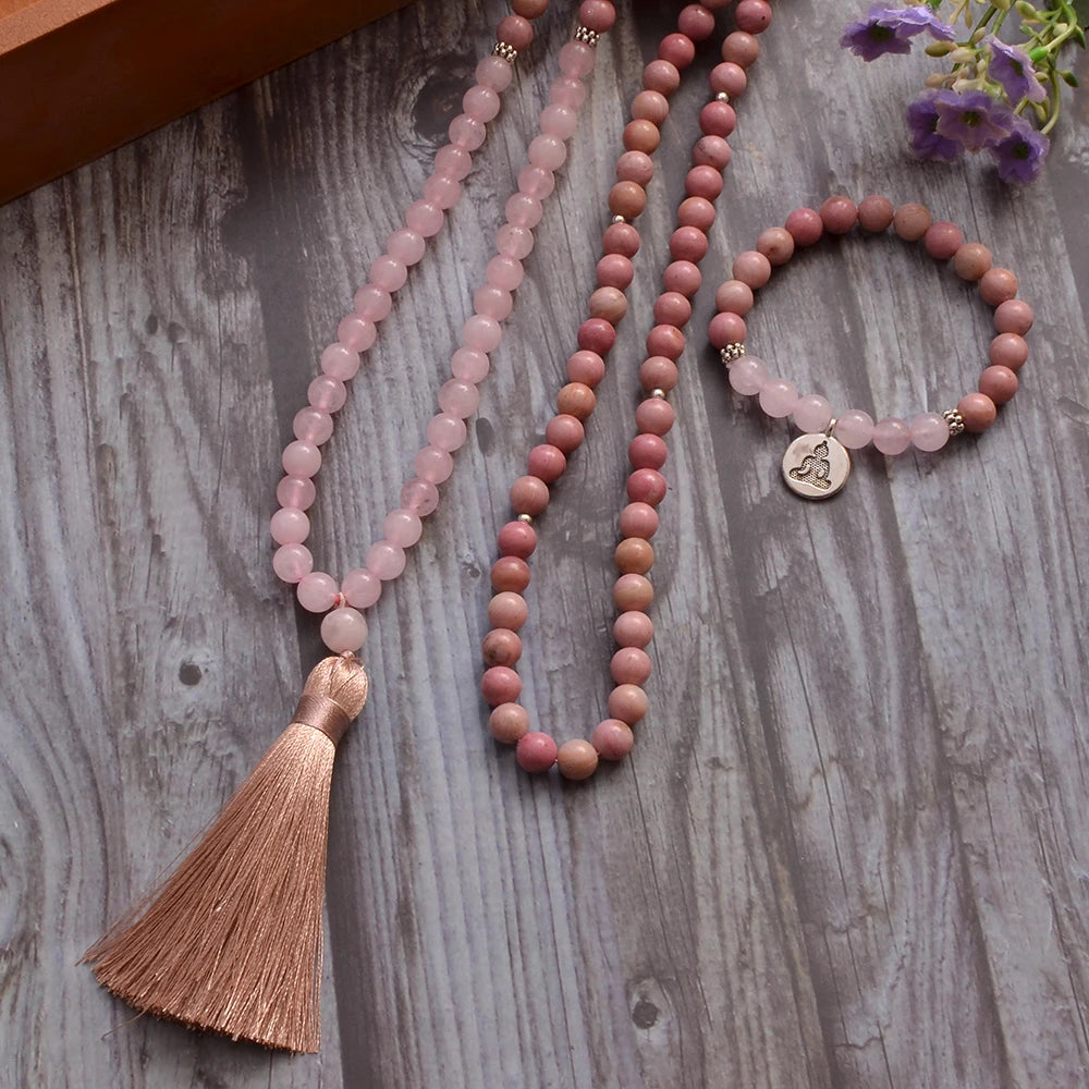 8mm Rhodochrosite Rose Quartz Beads 108 Mala Necklace Meditation Prayer Jewelry Japamala Rosary with Bracelet for Women