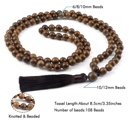 6 8 10mm Original Wooden Beaded Necklace 108 Mala Rosary Yoga Necklaces for Women Men Vintage Meditation Blessing Tassel Jewelry