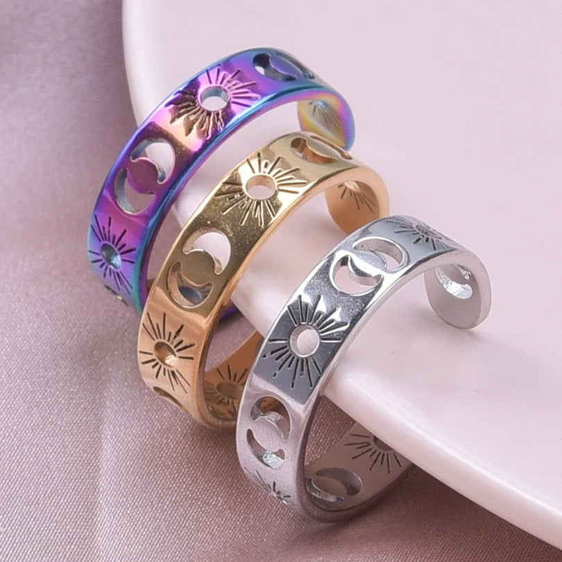 1/3Pcs Stainless Steel Witch Knot Evil Eye Fatima Hand Star Amulet Open Rings Angel Wing Sacred Flower Metatron Anillos Jewelry