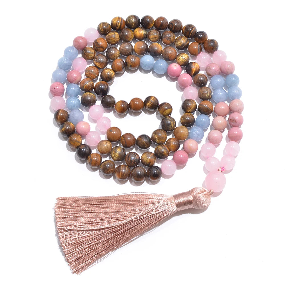 8mm Yellow Tiger Eye Rose Quartz Aquamarine Beads 108 Mala Necklace Meditation Prayer Jewelry Japamala Set Rosary for Women