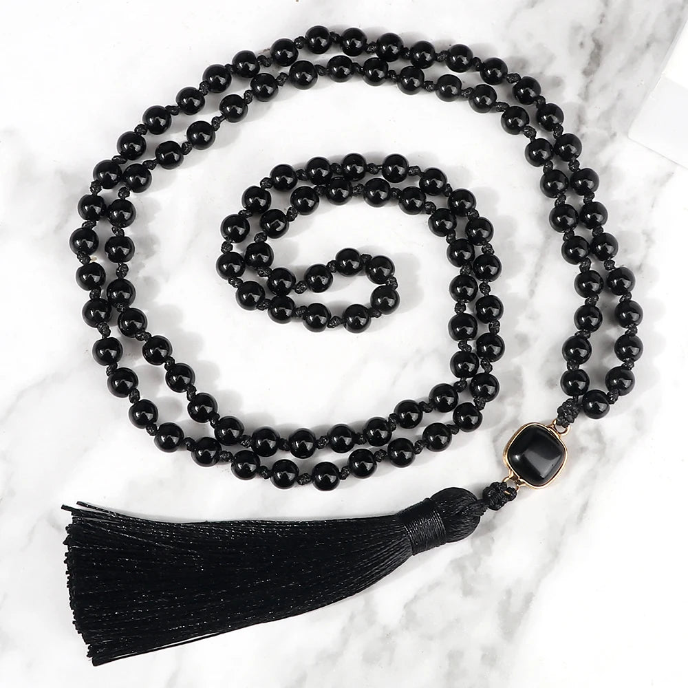 New Natural Black Obsidian Stone Necklaces Men Shiny Black Onyx 108 Mala Beads Necklace Women Buddhist Prayer Yoga Jewelry Gifts