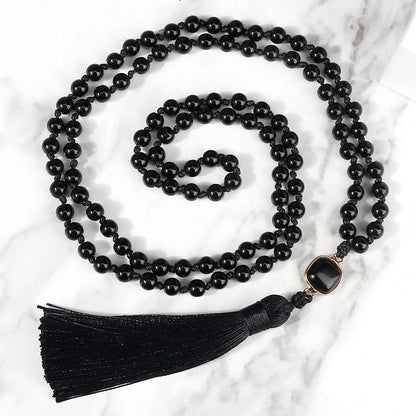 New Natural Black Obsidian Stone Necklaces Men Shiny Black Onyx 108 Mala Beads Necklace Women Buddhist Prayer Yoga Jewelry Gifts