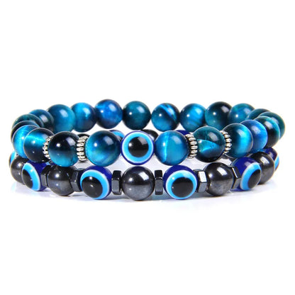 Lucky Evil Eye Beads Bracelet Natural Stone Lava Hematite Bracelet Set Multilayer Bracelets Women Men Handmade Elastic Jewelry