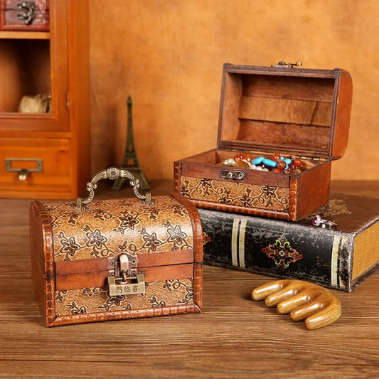 Jewelry Organizer Box Retro Imitation Copper Latch Printed Wooden Mini Treasure Chest Storage Box Photography Prop Earrings Box