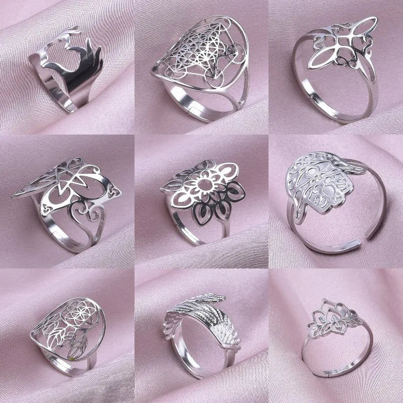 1/3Pcs Stainless Steel Witch Knot Evil Eye Fatima Hand Star Amulet Open Rings Angel Wing Sacred Flower Metatron Anillos Jewelry