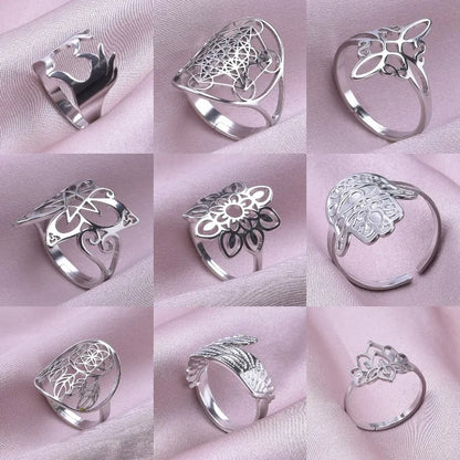 1/3Pcs Stainless Steel Witch Knot Evil Eye Fatima Hand Star Amulet Open Rings Angel Wing Sacred Flower Metatron Anillos Jewelry
