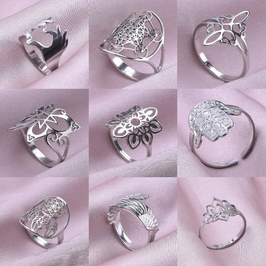 1/3Pcs Stainless Steel Witch Knot Evil Eye Fatima Hand Star Amulet Open Rings Angel Wing Sacred Flower Metatron Anillos Jewelry