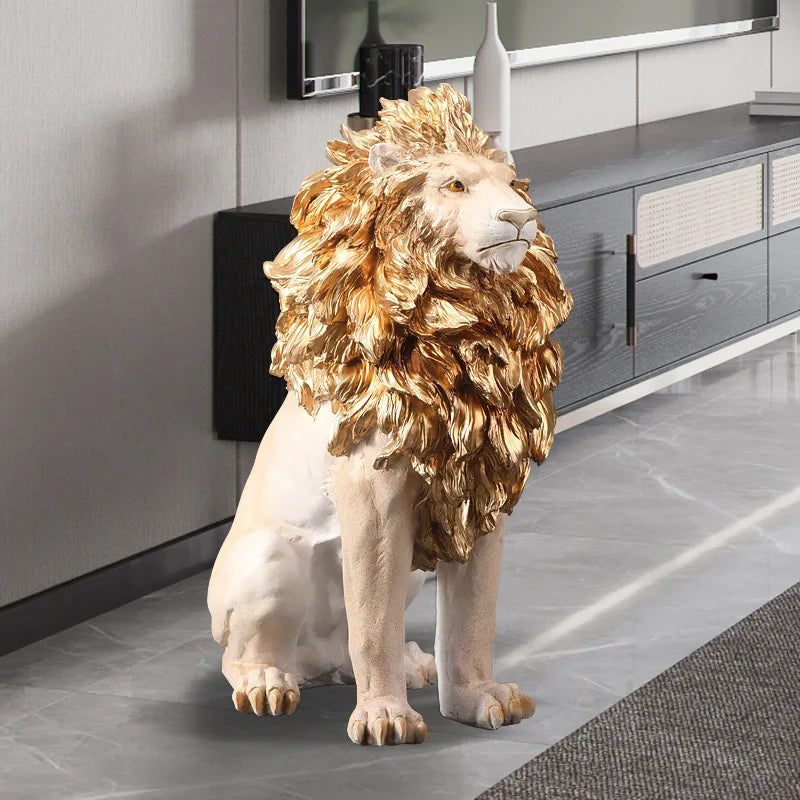 Golden Lion Statue Floor Home Decor Art Big Resin Sculpture New Year 2024  Indoor Large Luxury Ornament Sculpture Modern