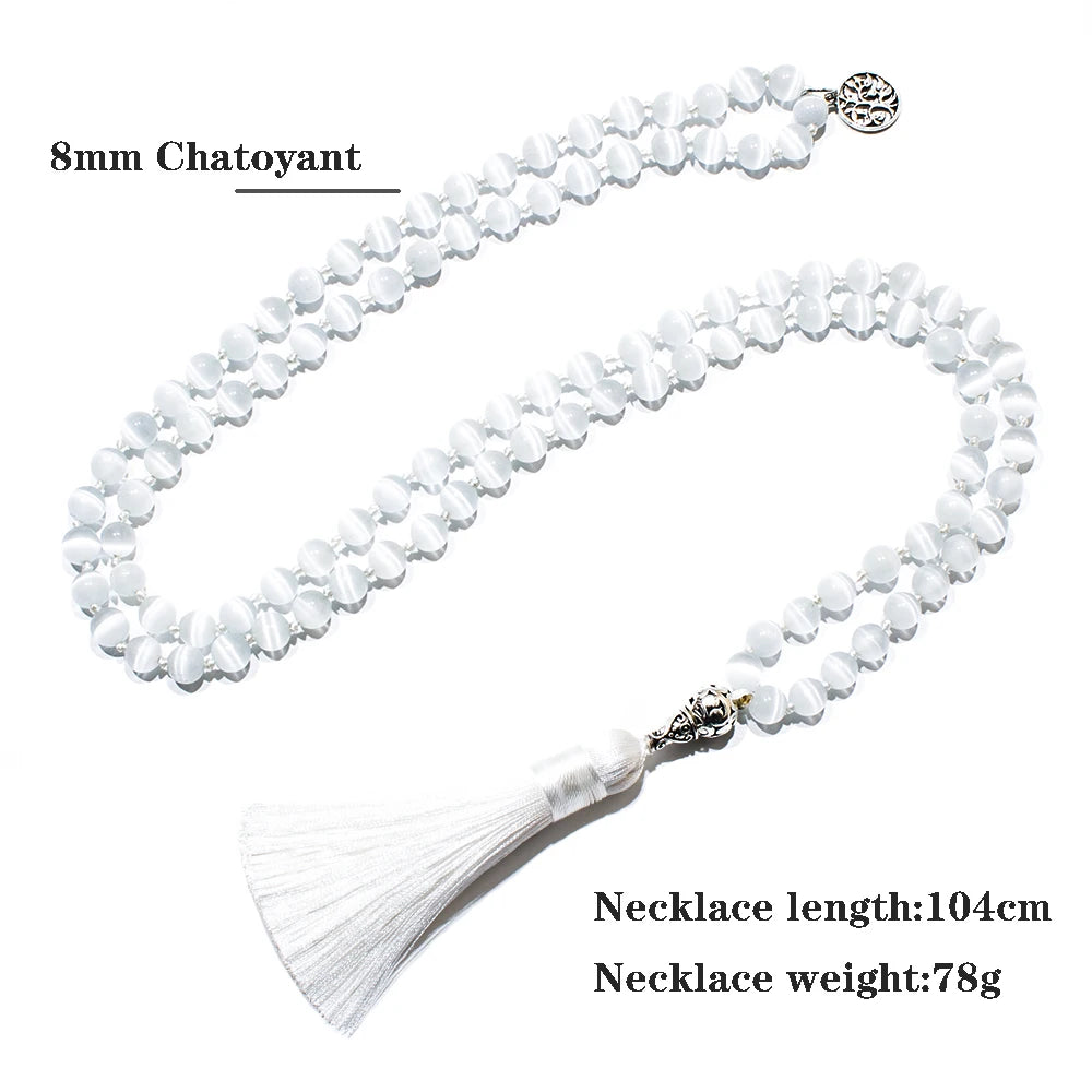8mm Chatoyant Cat's Eye Stone Cyclophane Beads Knotted 108 Mala Necklace Meditation Yoga Prayer Jewelry for Women