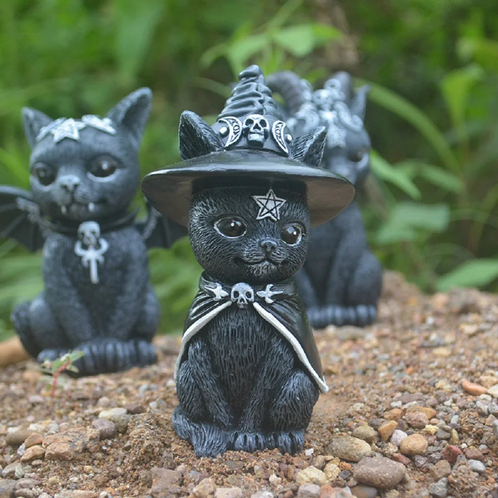 Garden Witch Cat Sculpture Gothic Kitten Decoration Halloween Magic Cat Statue Resin Craft Ornament Home Outdoor Courtyard Decor
