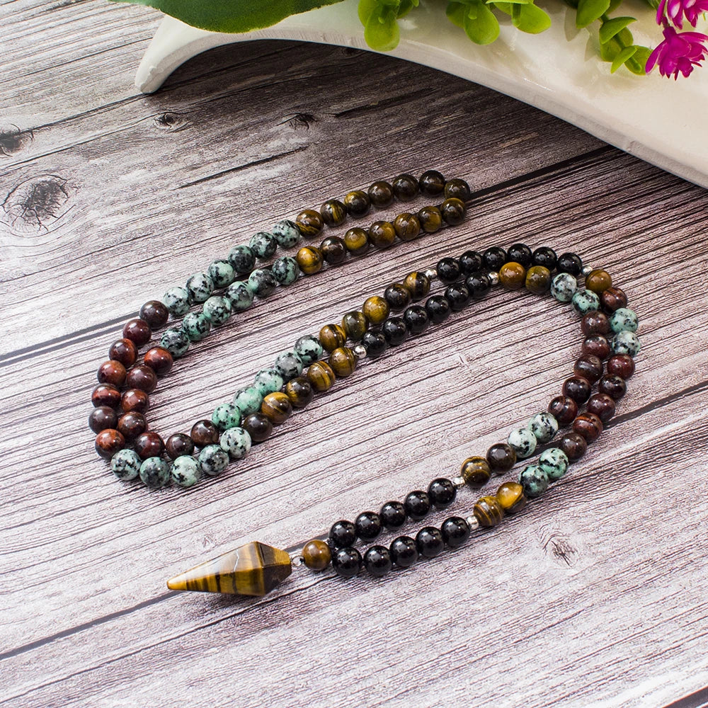 8mm Black Onyx African Turquoise Beads 108 Mala Necklace Meditation Yoga Prayer Japamala Set with Tiger Eye Pendant Jewelry