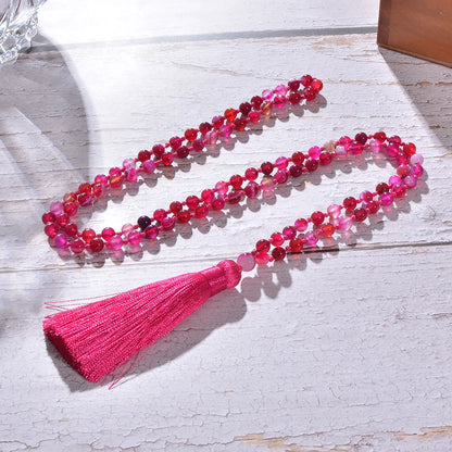 6mm Rose Red Striped Agate Beads Knotted 108 Mala Necklace Meditation Yoga Prayer Jewelry Women's Tassel Rosary