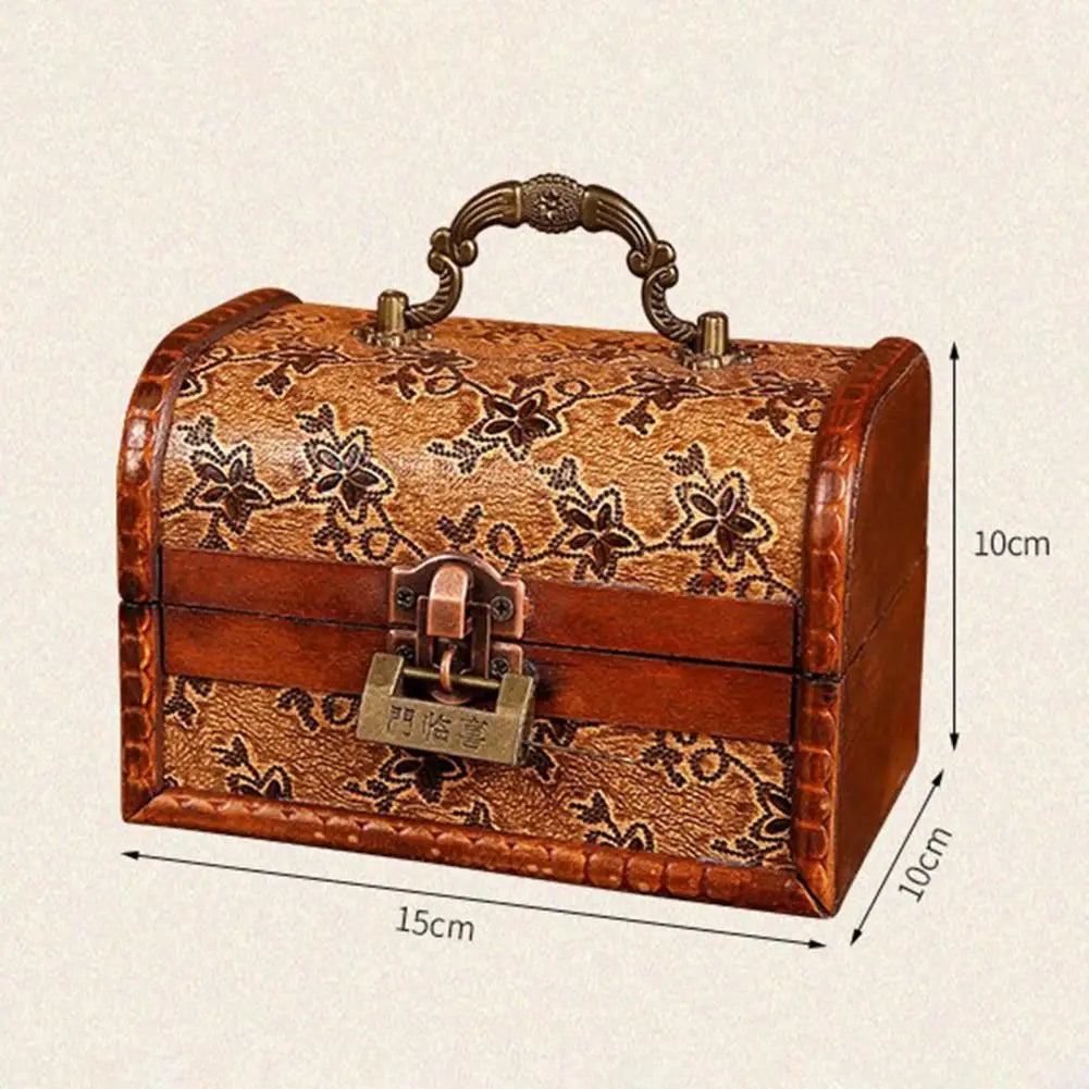 Jewelry Organizer Box Retro Imitation Copper Latch Printed Wooden Mini Treasure Chest Storage Box Photography Prop Earrings Box