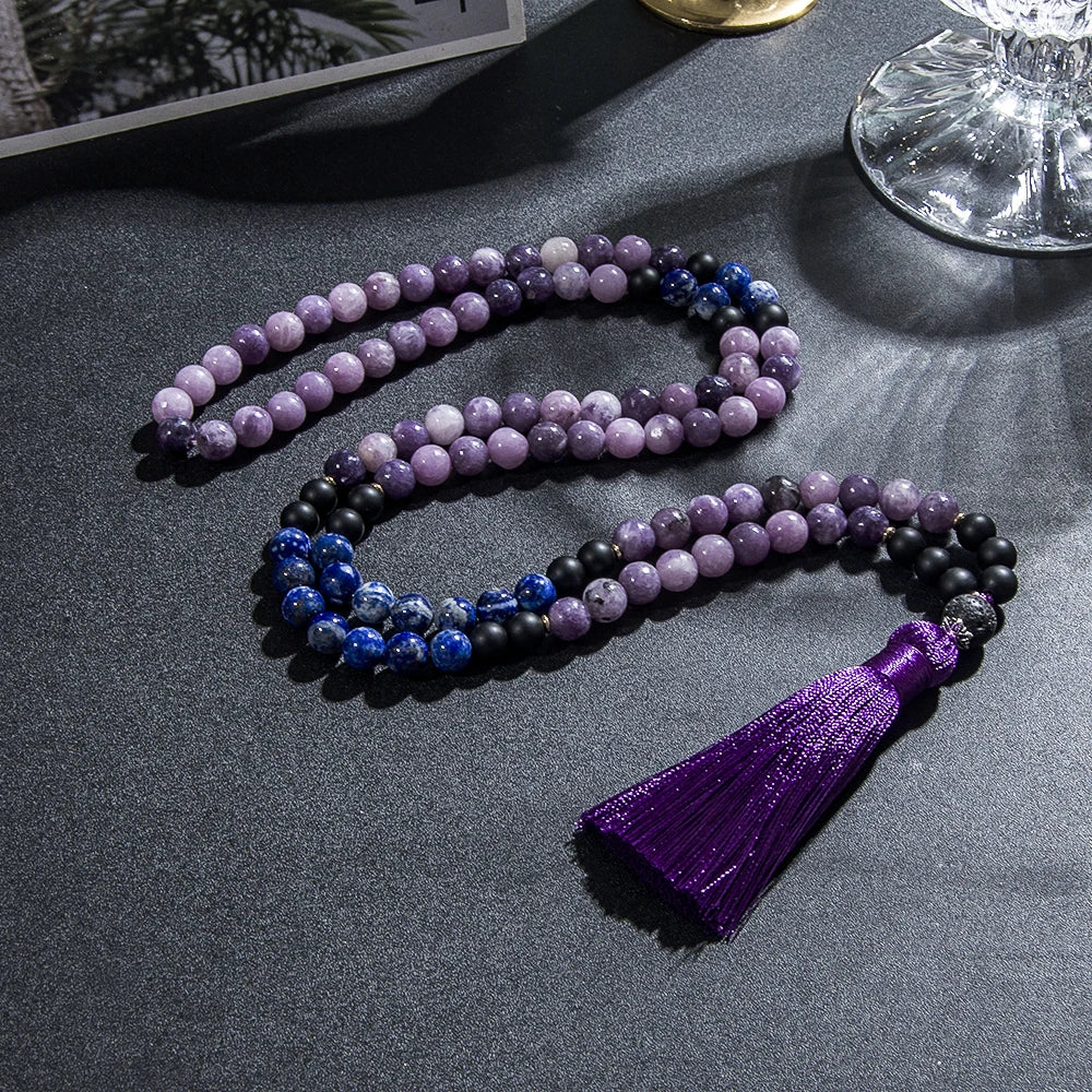 8mm Natural Lapis Lazuli Purple Mica Lepidolite Necklace 108 Mala Beads Necklace Meditation Prayer Rosary Japamala Jewelry Set