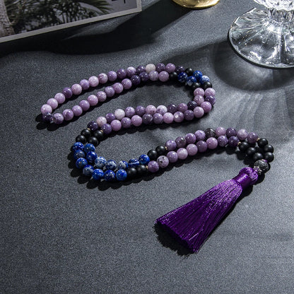 8mm Natural Lapis Lazuli Purple Mica Lepidolite Necklace 108 Mala Beads Necklace Meditation Prayer Rosary Japamala Jewelry Set