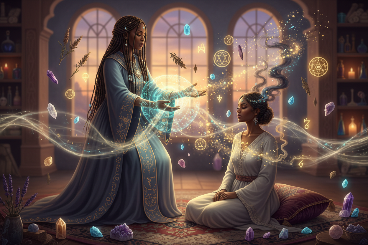 BLACK ALCHEMIST WOMAN RELIEVING A WOMAN FROM ANXIETY WITH MAGIC