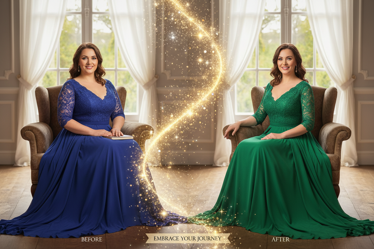 FAT WOMAN IN A DRESS SITTING IN A CHAIR GOT SLIM USING WEIGHTLOSS MAGIC