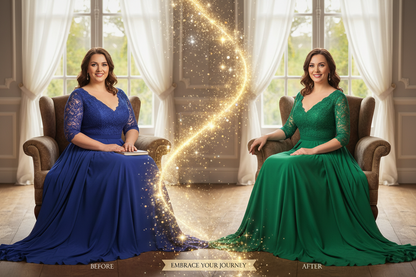 FAT WOMAN IN A DRESS SITTING IN A CHAIR GOT SLIM USING WEIGHTLOSS MAGIC